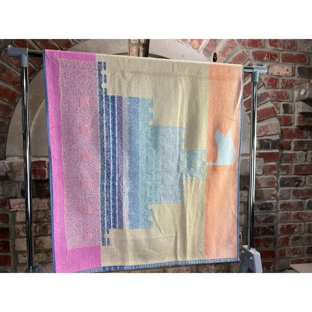 beach towel sandcastle pink blue orange 1980s